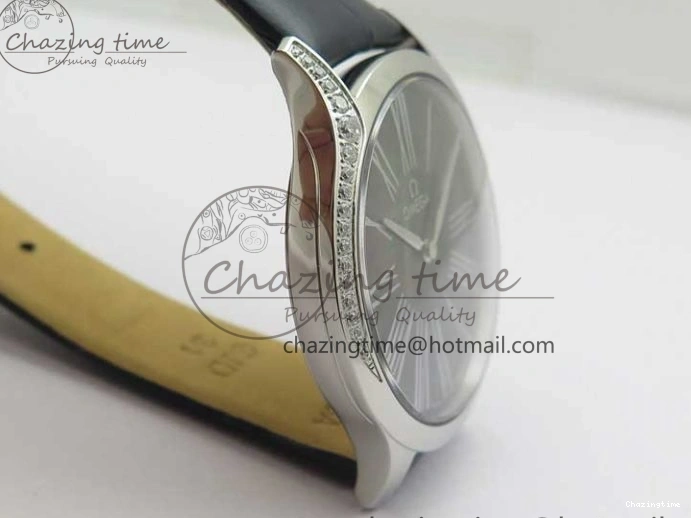 0701 UrbanChic Ladies’ De Ville Trésor Diamond SS 3AF 1:1 Best Edition Black MOP Dial On Black Leather Strap Swiss Quartz 7878